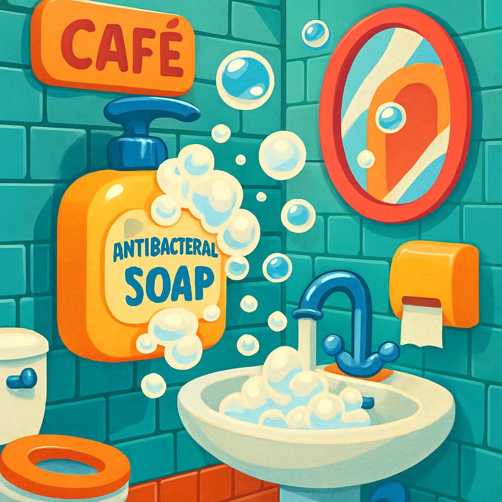 A bathroom scene showing soap, bubbles.