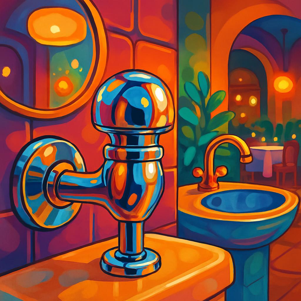 A colorful illustration of a bathroom vanity with a sink and faucet, featuring a mirrored wall and a potted plant.