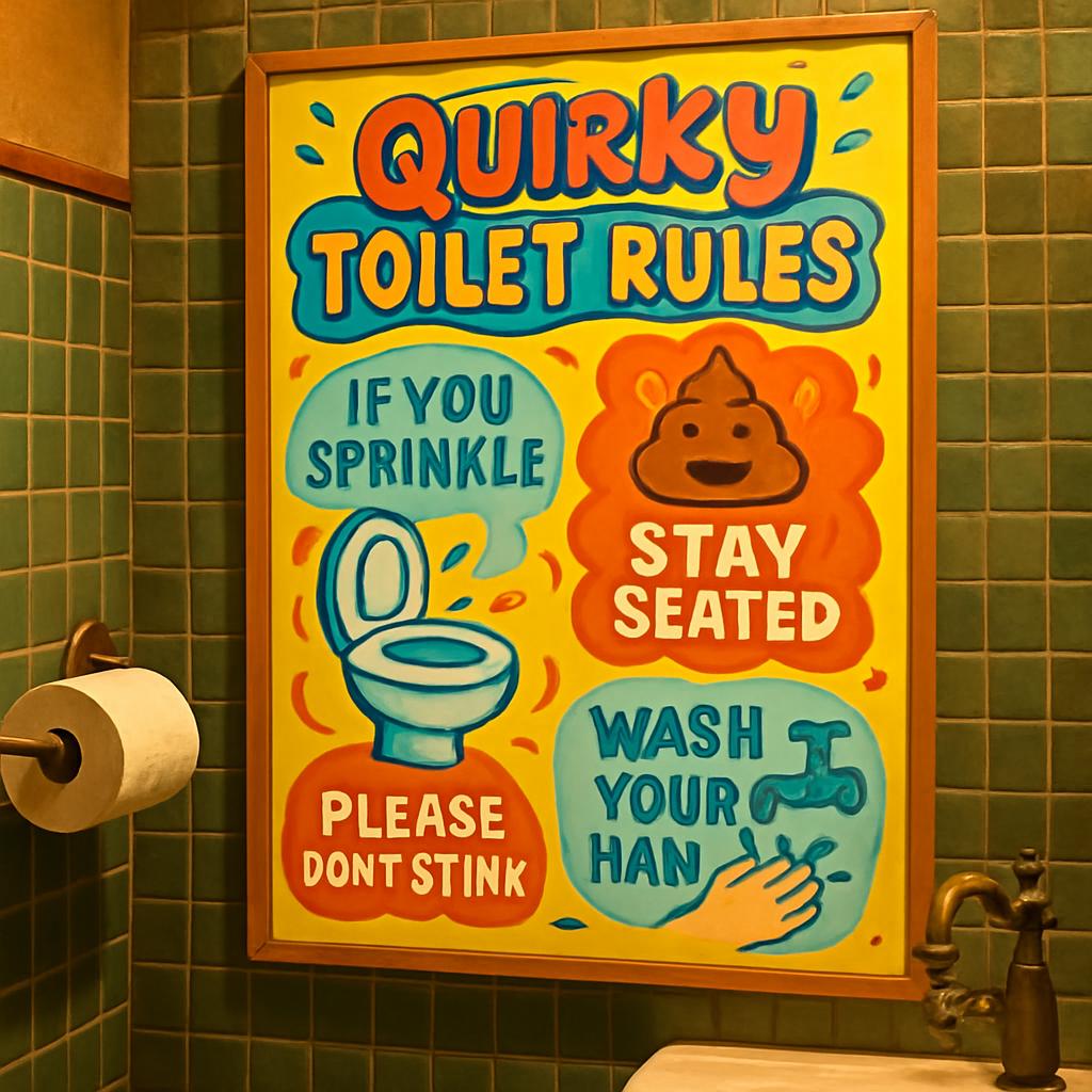 Quirky Toilet Rules, toilet sign requiring you to 'sprinkle if you must', 'stay seated', 'wash your ha'an', and please 'do...