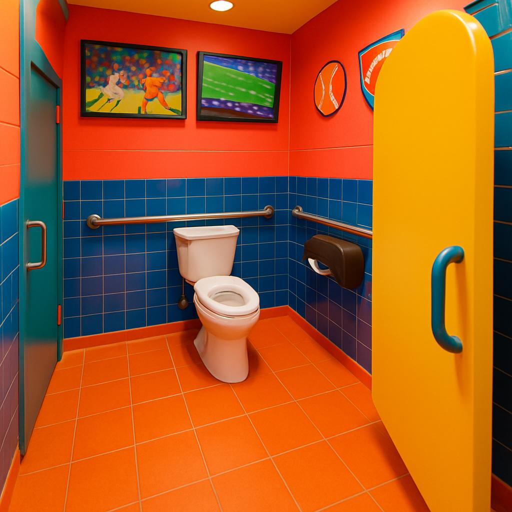 A sports-themed restroom with an open door, featuring vibrant orange and blue tile walls, a white toilet, and trailers.