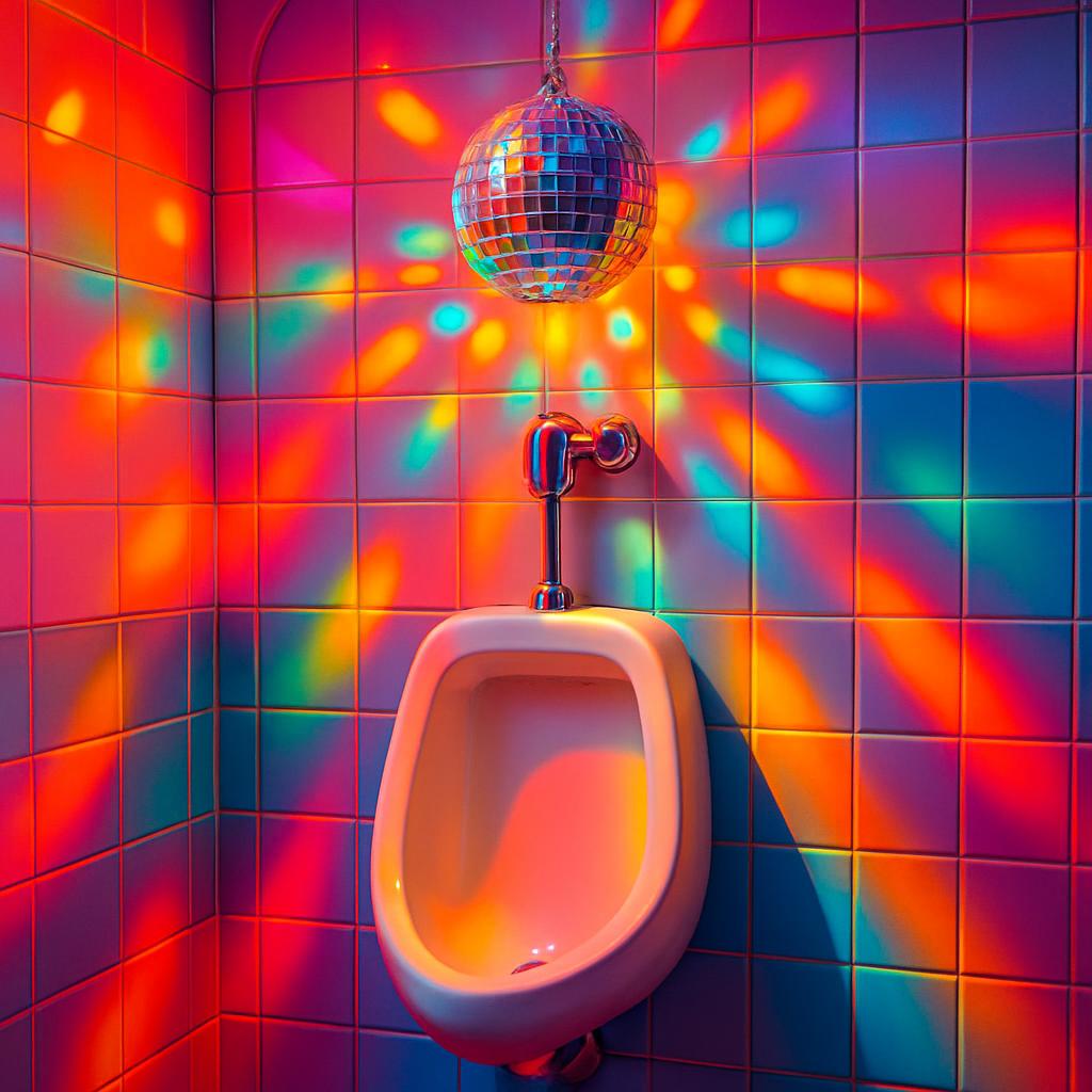 The restroom features a urinal hanging from an arched tiled wall with a rainbow of lights reflected on it, as seen in the ...