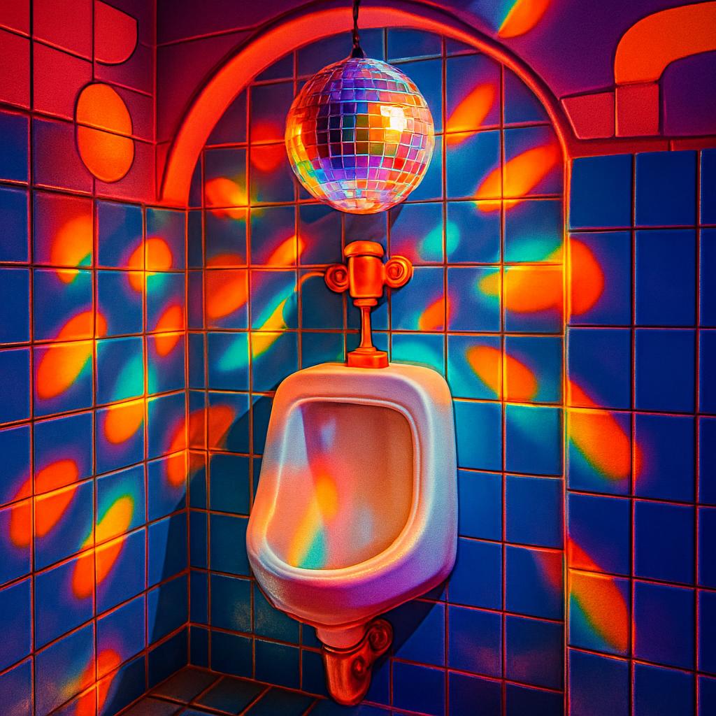 A stylized urinal in a bathroom setting decorated with a disco ball and multicolored lighting.